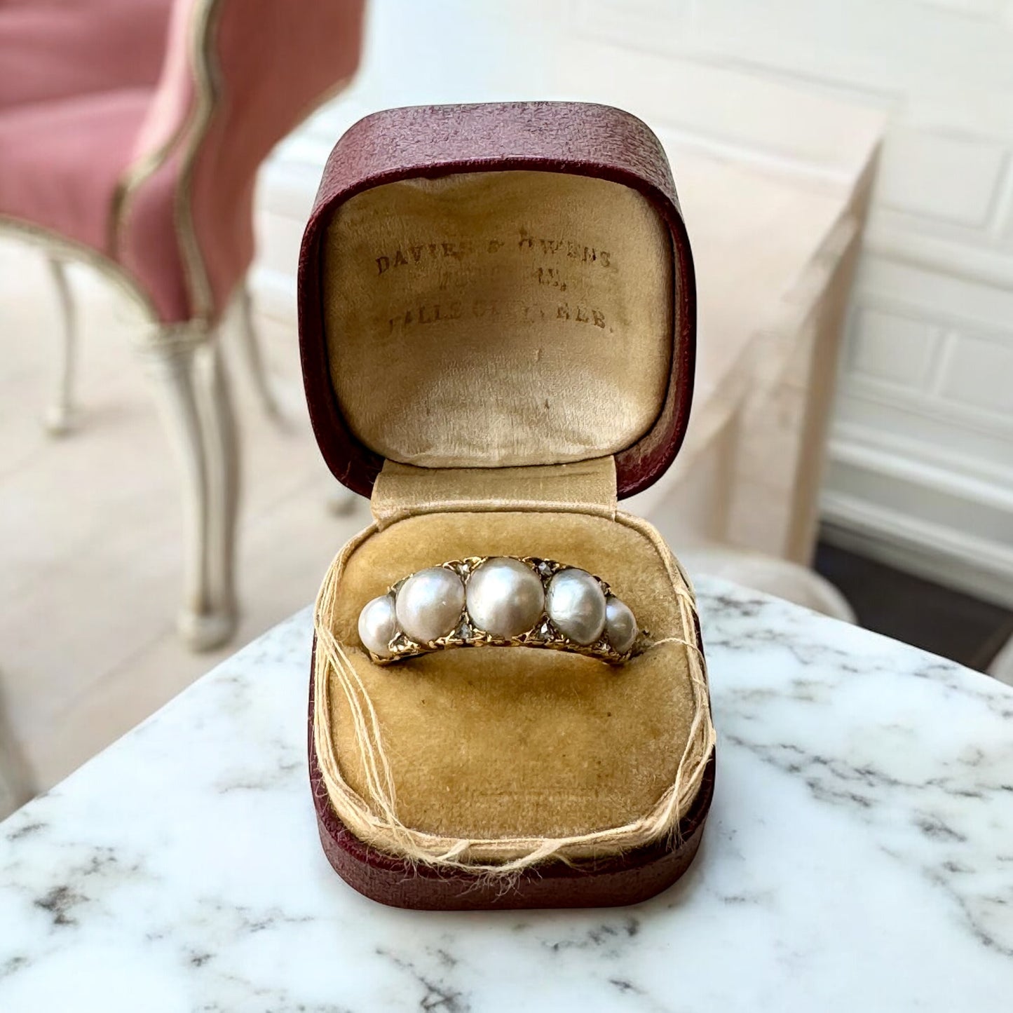 Five Pearl Ring with Diamond Accents - Edwardian Era