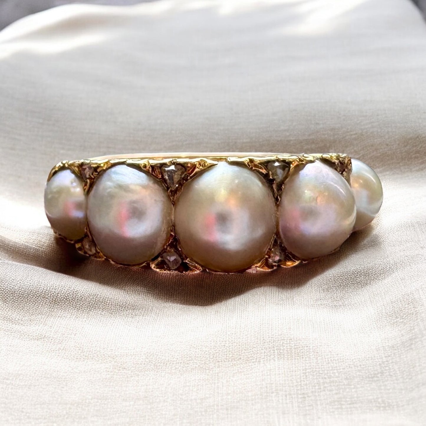 Five Pearl Ring with Diamond Accents - Edwardian Era