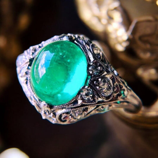 Cabochon Emerald and Diamond Ring - Art Deco