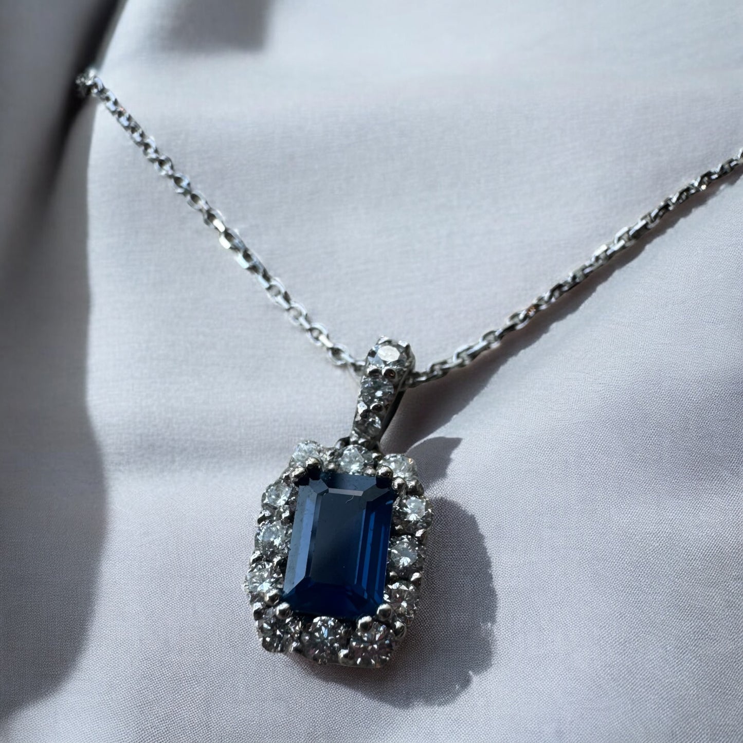 Sapphire Pendant with Diamond Halo - 14K White Gold
