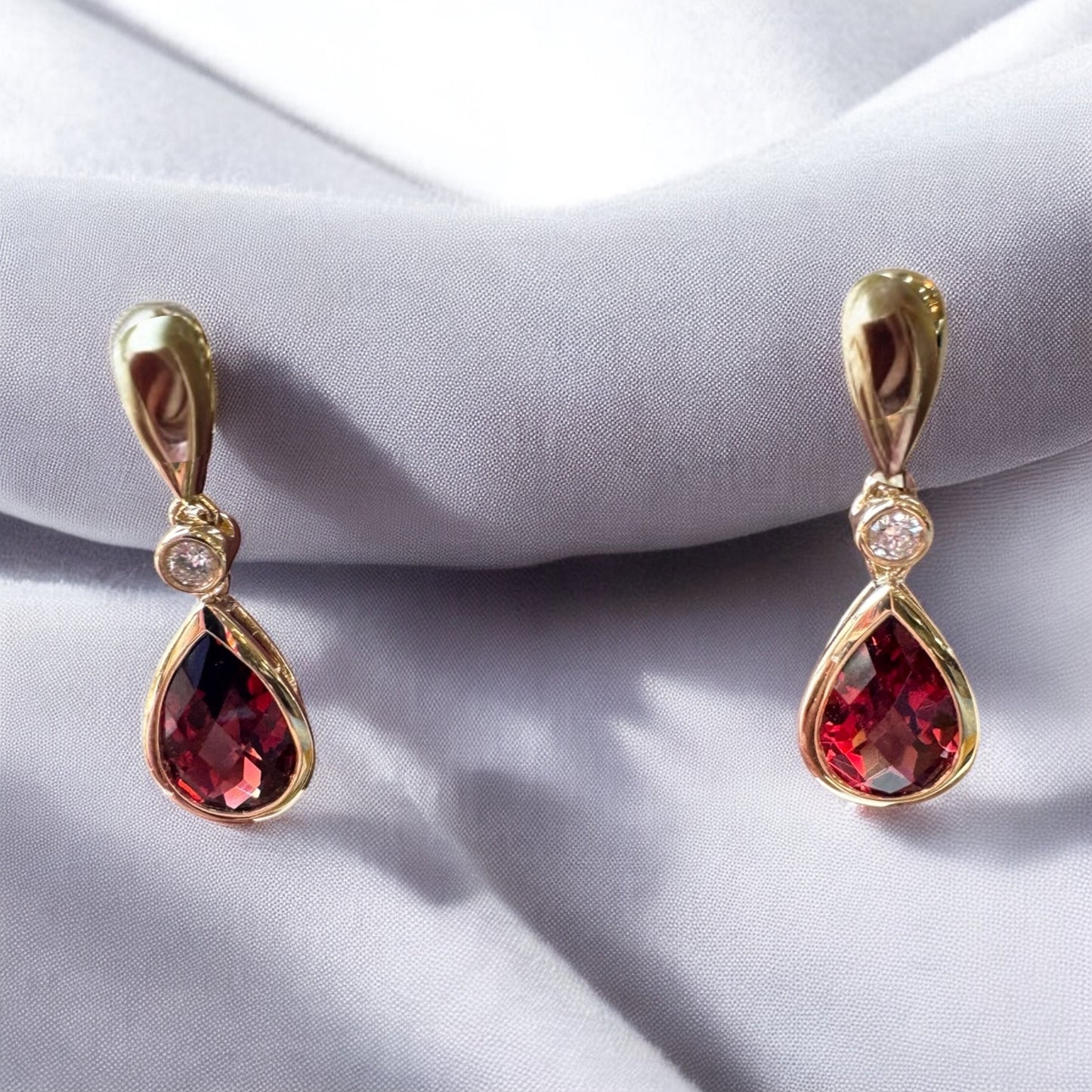 Pear Shape Garnet Earrings with Diamond Accents - 14K Yellow Gold