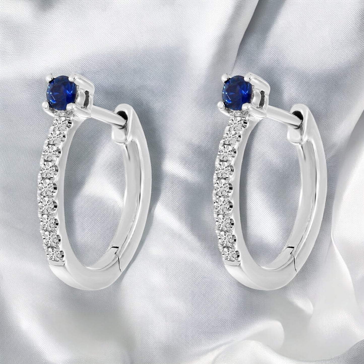 Sapphire and Diamond Hoop Earrings - 14K White Gold