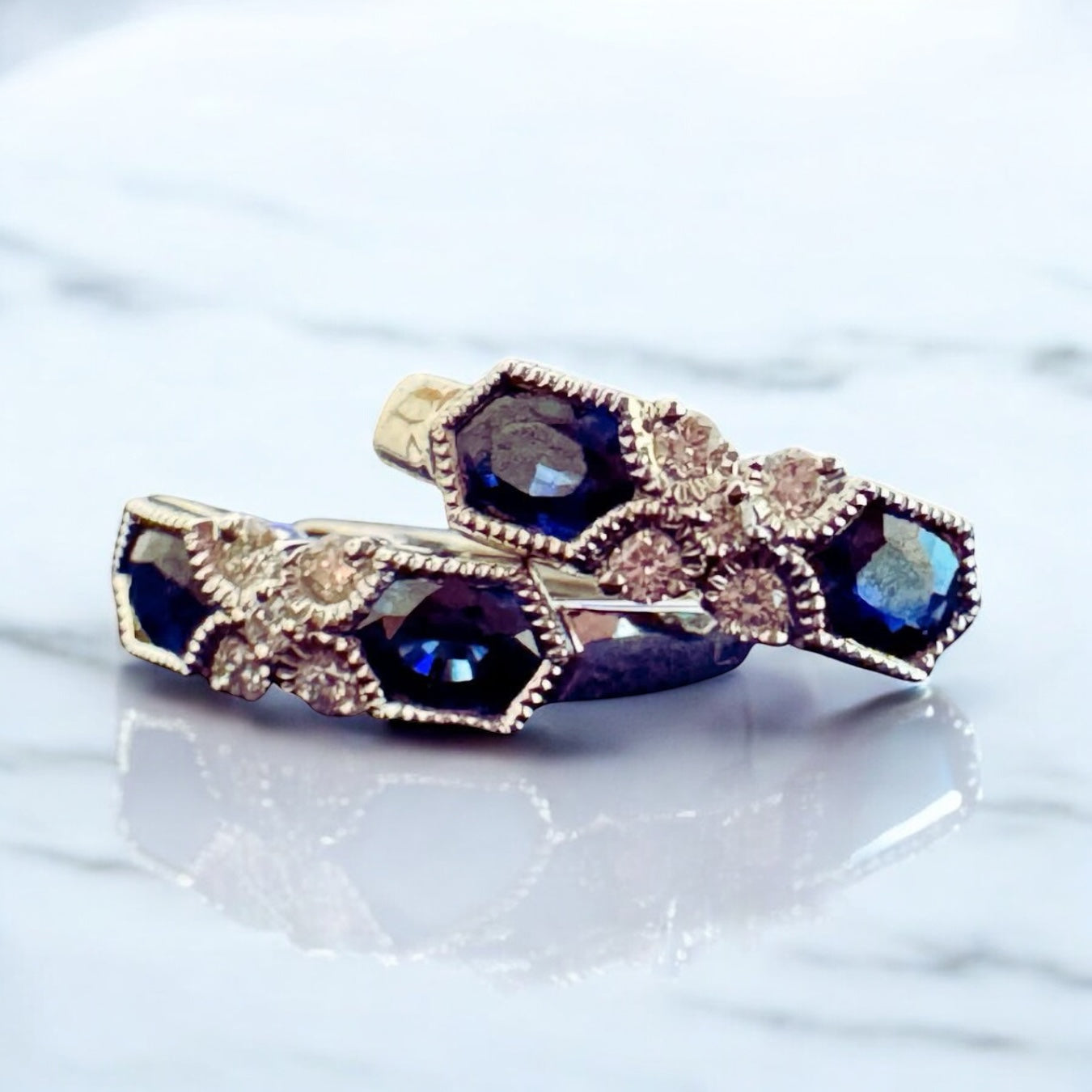 Sapphire and Diamond Huggie Hoop Earrings - 14K White Gold