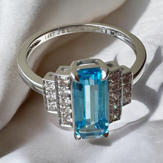 Geometric Blue Topaz and Diamond Ring - 14K White Gold