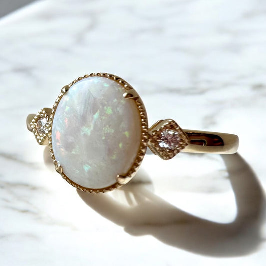 Oval Opal Ring with Diamond Accents - 14K Yellow Gold