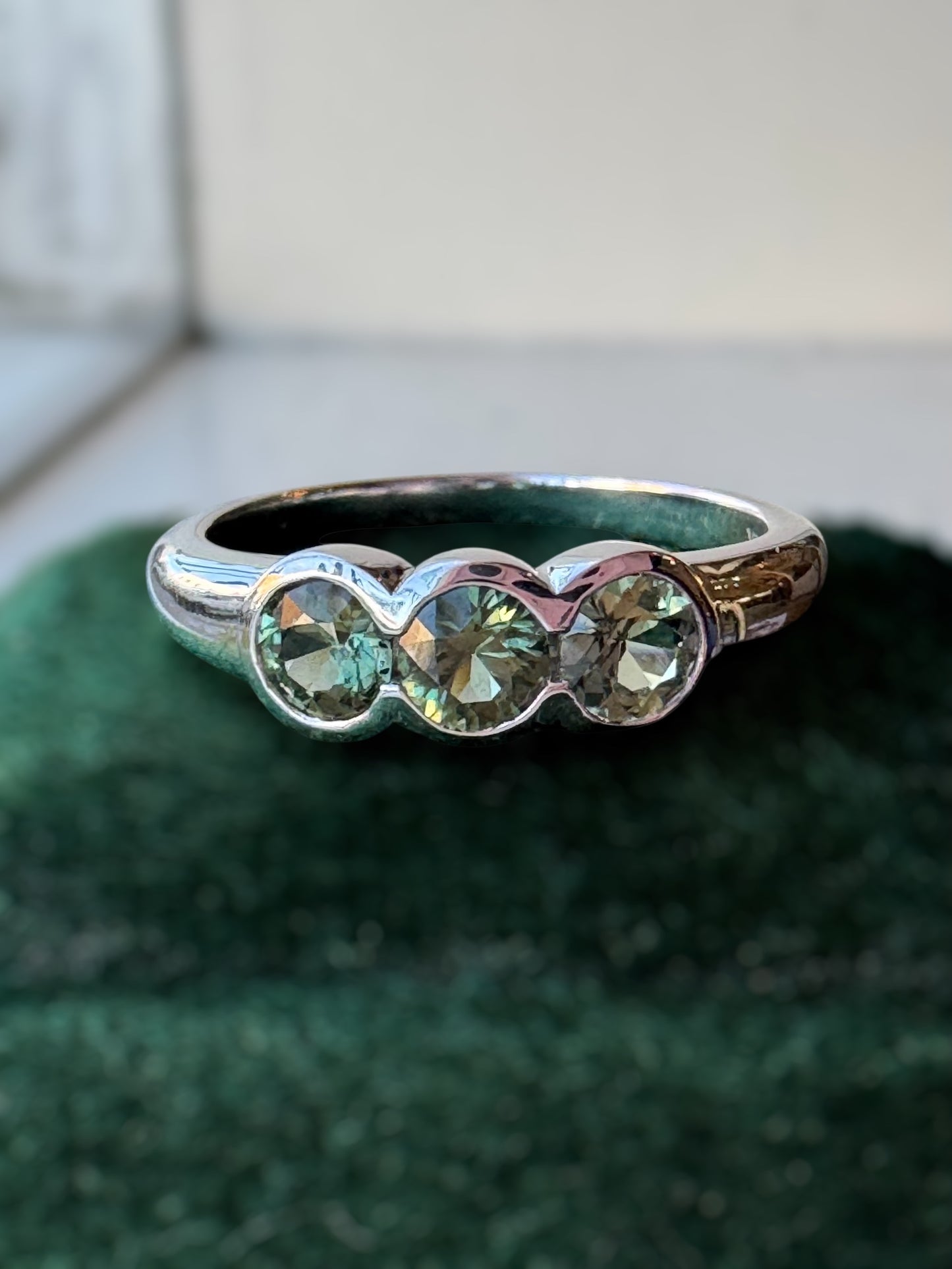 Three Stone Green Sapphire Ring - TJ Designer