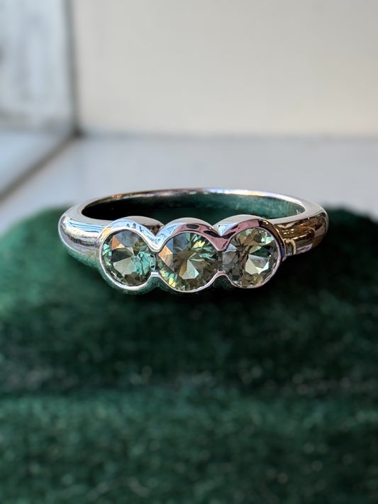Three Stone Green Sapphire Ring - TJ Designer