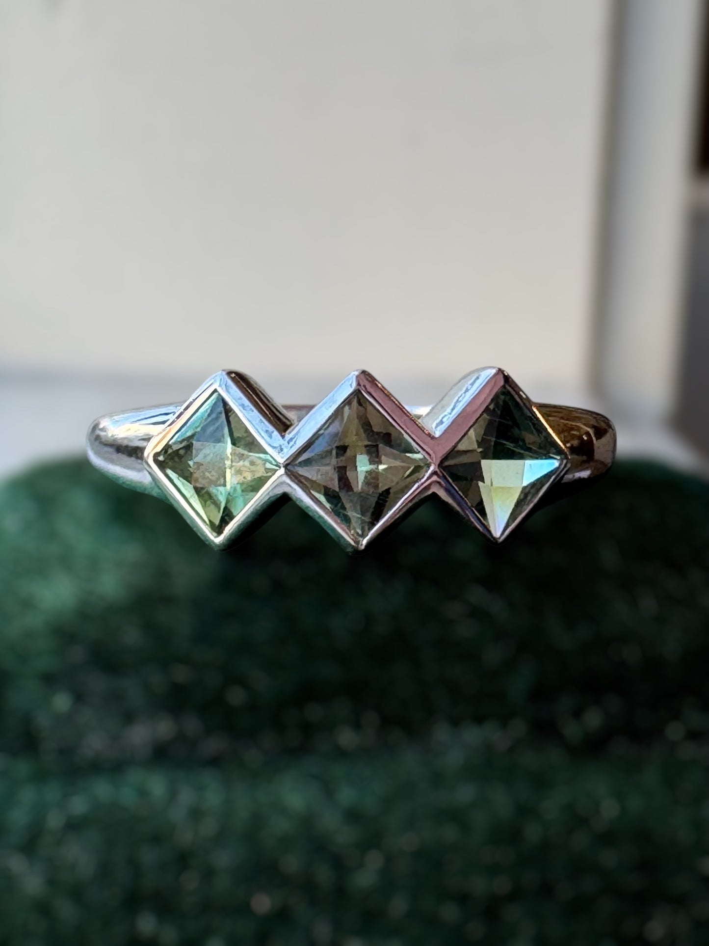 Three Stone French Cut Green Sapphire Ring - TJ Designer
