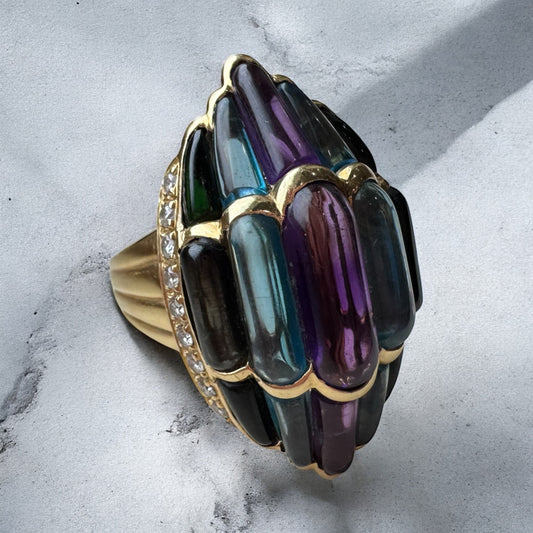 Cabochon Amethyst, Aquamarine, and Tourmaline Ring - 18K Yellow Gold Retro