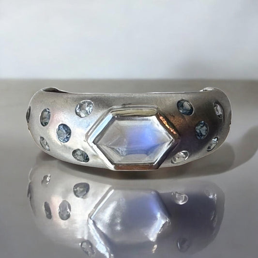 Moonstone and Sapphire Ring - 14K White Gold