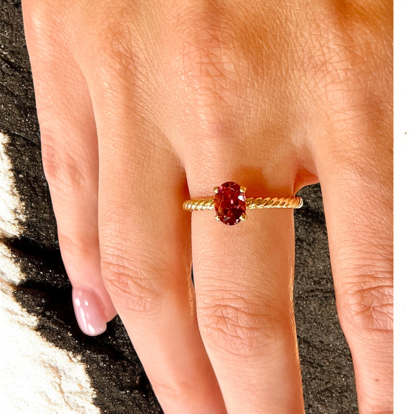 Oval Pinkish Red Spinel Ring with Twist Band - 14K Yellow Gold