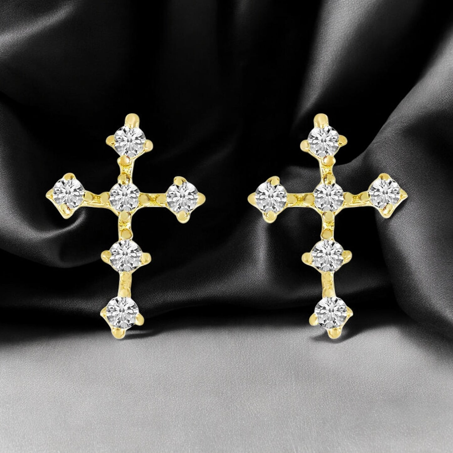 Mini Diamond Cross Stud Earrings - 14K Yellow Gold