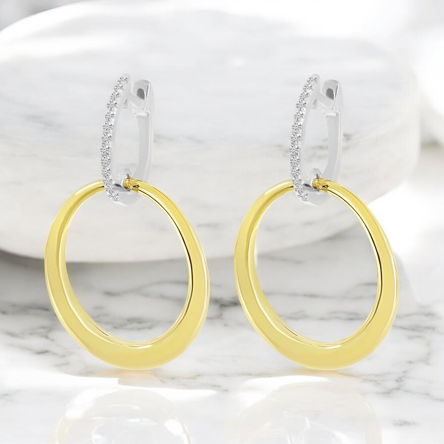 Diamond Huggie with Gold Drop Earrings - 14K White and Yellow Gold