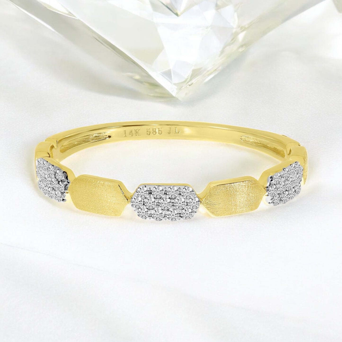 Geometric Brushed Gold and Diamond Ring - 14K Yellow Gold