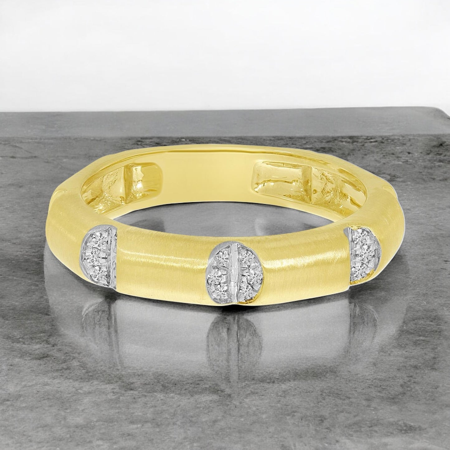 Wide Brushed Diamond Band - 14K Yellow Gold