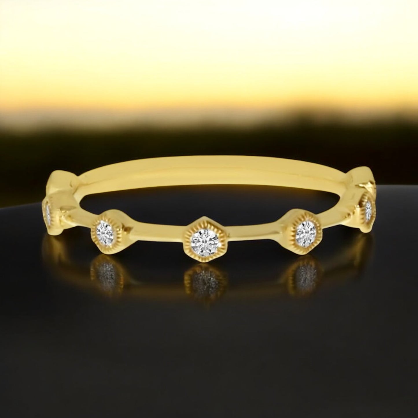 Hex Spaced Diamond Band - 14K Yellow Gold