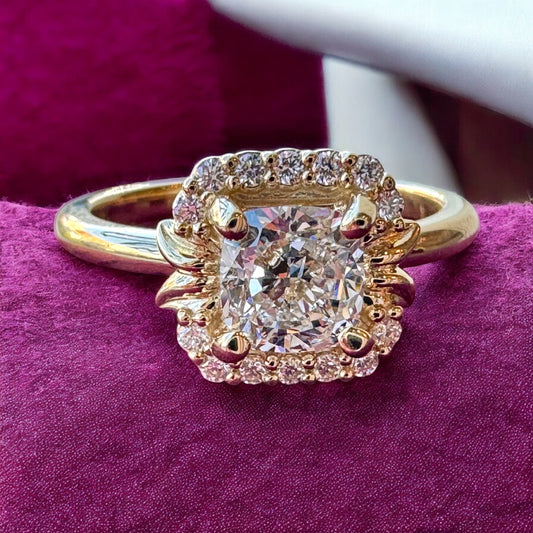 Cushion-Cut Diamond Halo Engagement Ring - 14K Yellow Gold