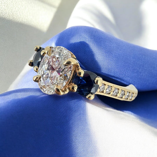 Oval Diamond with Sapphire Side Stones Engagement Ring - 14K Yellow Gold