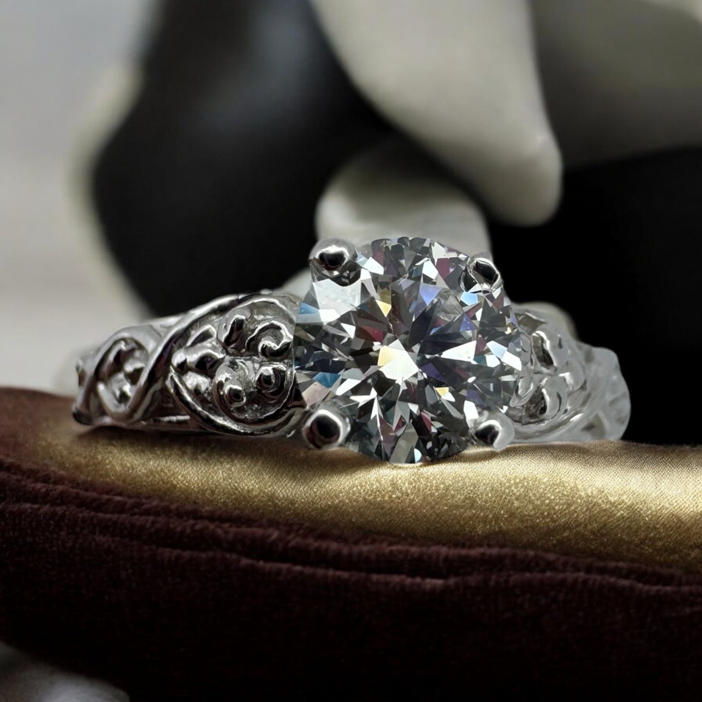Vintage-Inspired Engagement Ring with Floral Engraved Band - Platinum