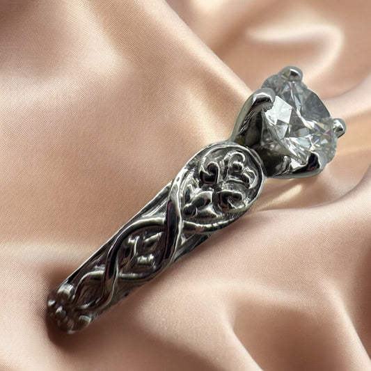 Vintage-Inspired Engagement Ring with Floral Engraved Band - Platinum