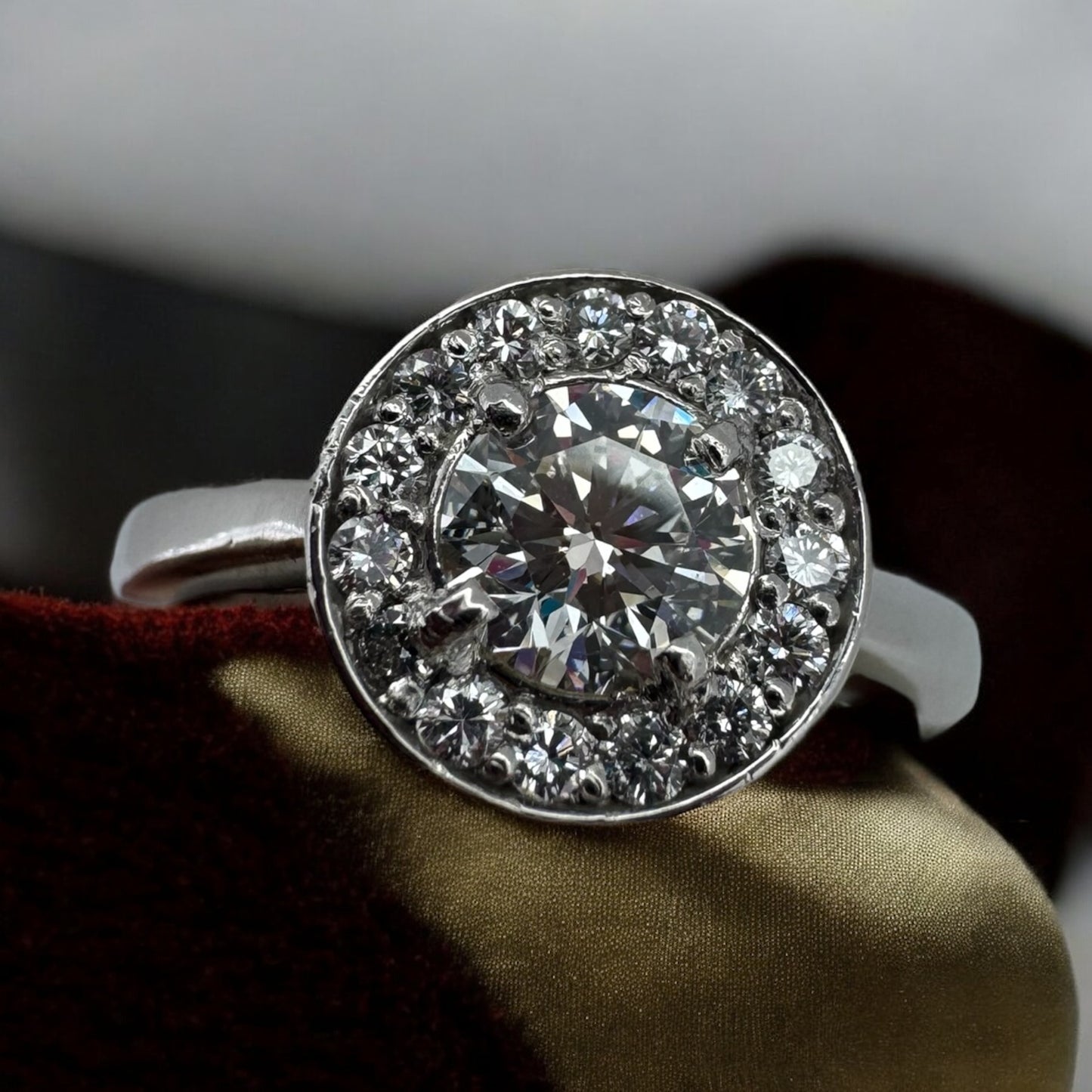 Contemporary Round Halo Engagement Ring - 14K White Gold and Platinum