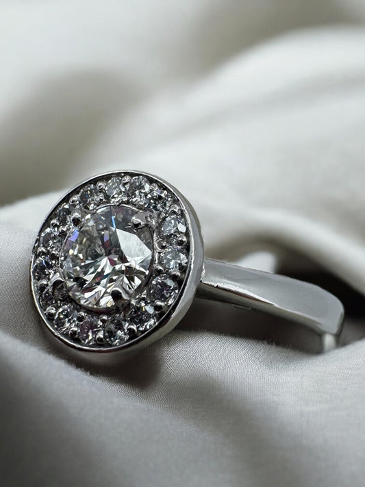 Contemporary Round Halo Engagement Ring - 14K White Gold and Platinum