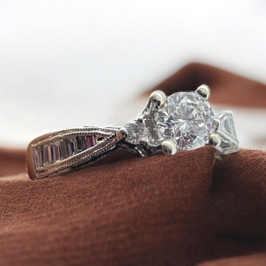 Round Diamond Engagement Ring with Contemporary Baguette Band - 14K White Gold