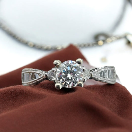 Round Diamond Engagement Ring with Contemporary Baguette Band - 14K White Gold