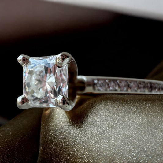 Square-Cushion Cut Accented Diamond Engagement Ring - 14K White Gold