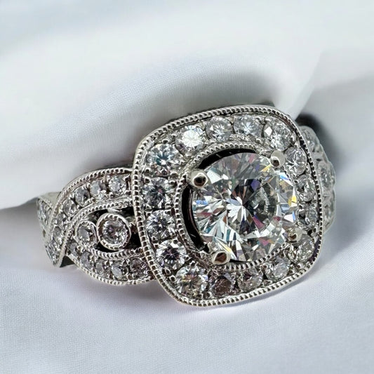 1ct Round Diamond Contemporary Halo Engagement Ring - 14K White Gold