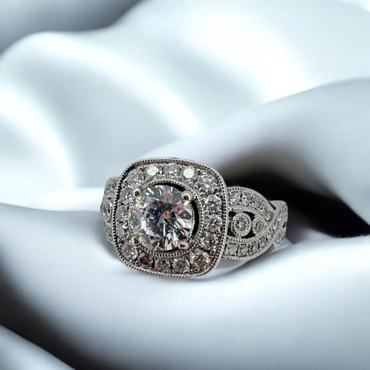 1ct Round Diamond Contemporary Halo Engagement Ring - 14K White Gold