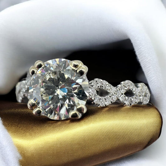 0.89ct Round Diamond Engagement Ring with Twist Design Band - 14K White Gold