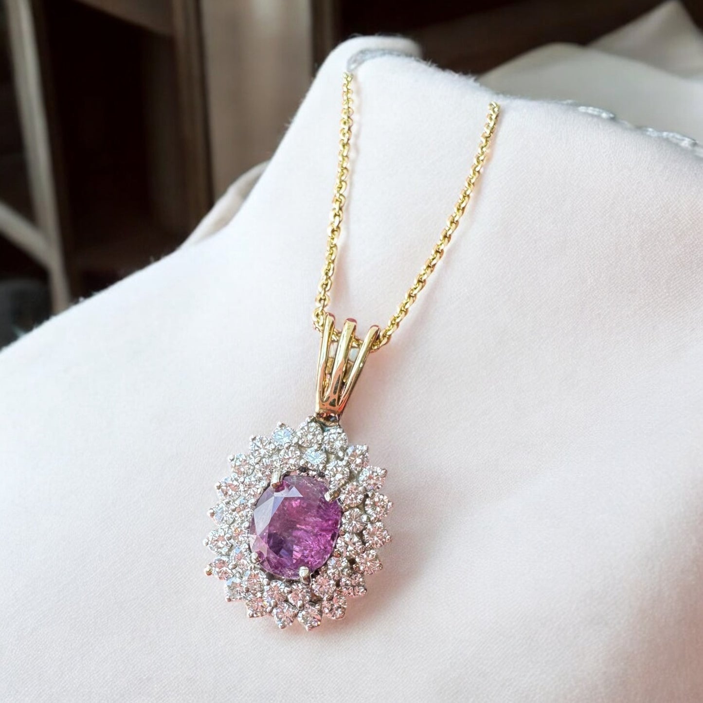 Oval Pink Sapphire Halo Necklace - 14K Yellow Gold