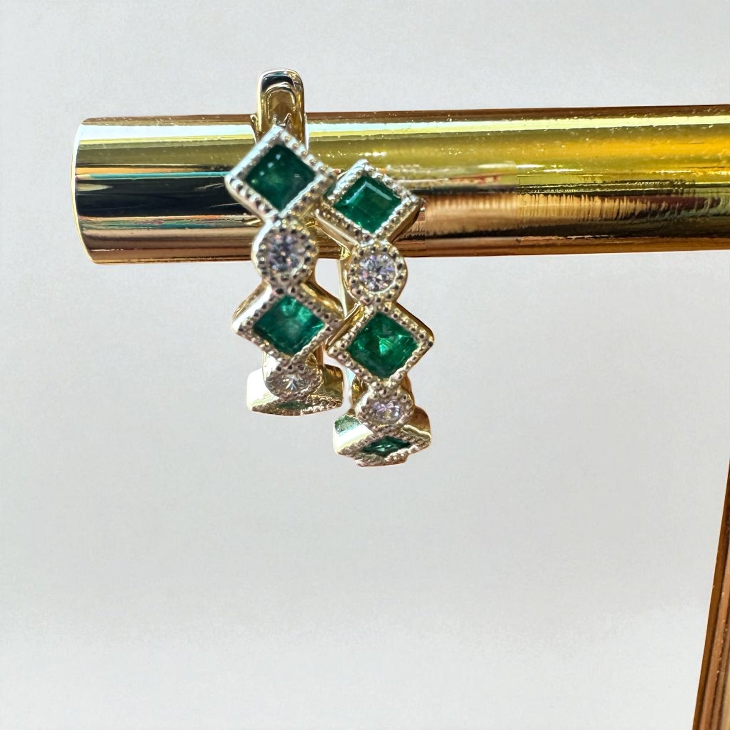 Emerald and Diamond Huggie Earrings - 14K Yellow Gold