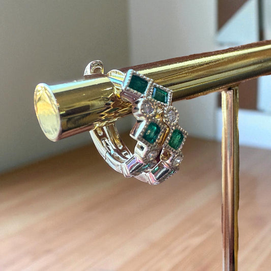 Emerald and Diamond Huggie Earrings - 14K Yellow Gold
