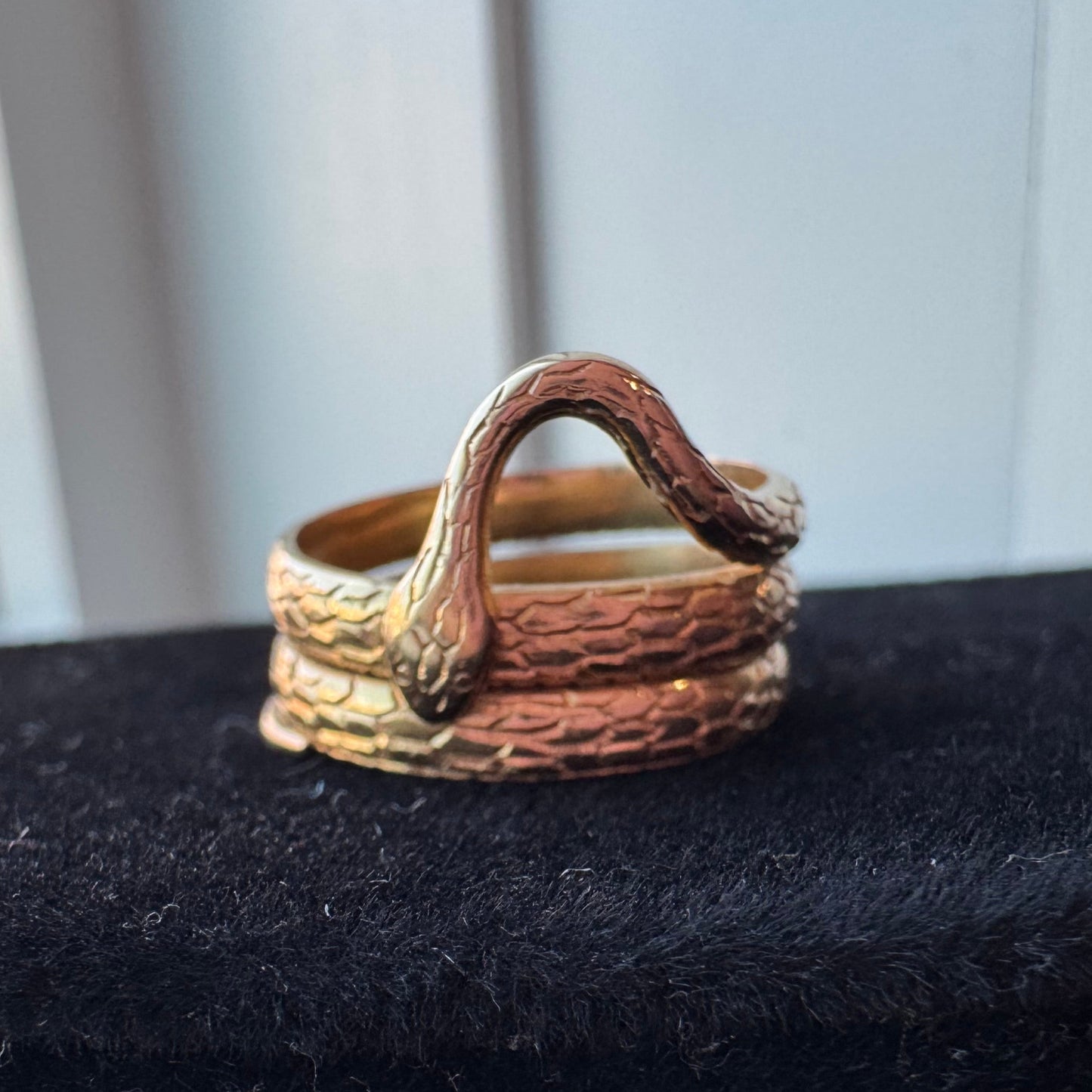 Gold ring with a textured snake design on a black stand