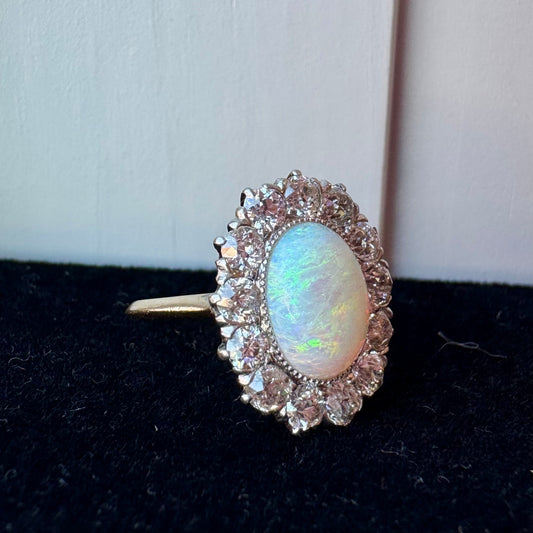 Oval Opal Ring with Diamond Halo - 14K Yellow Gold