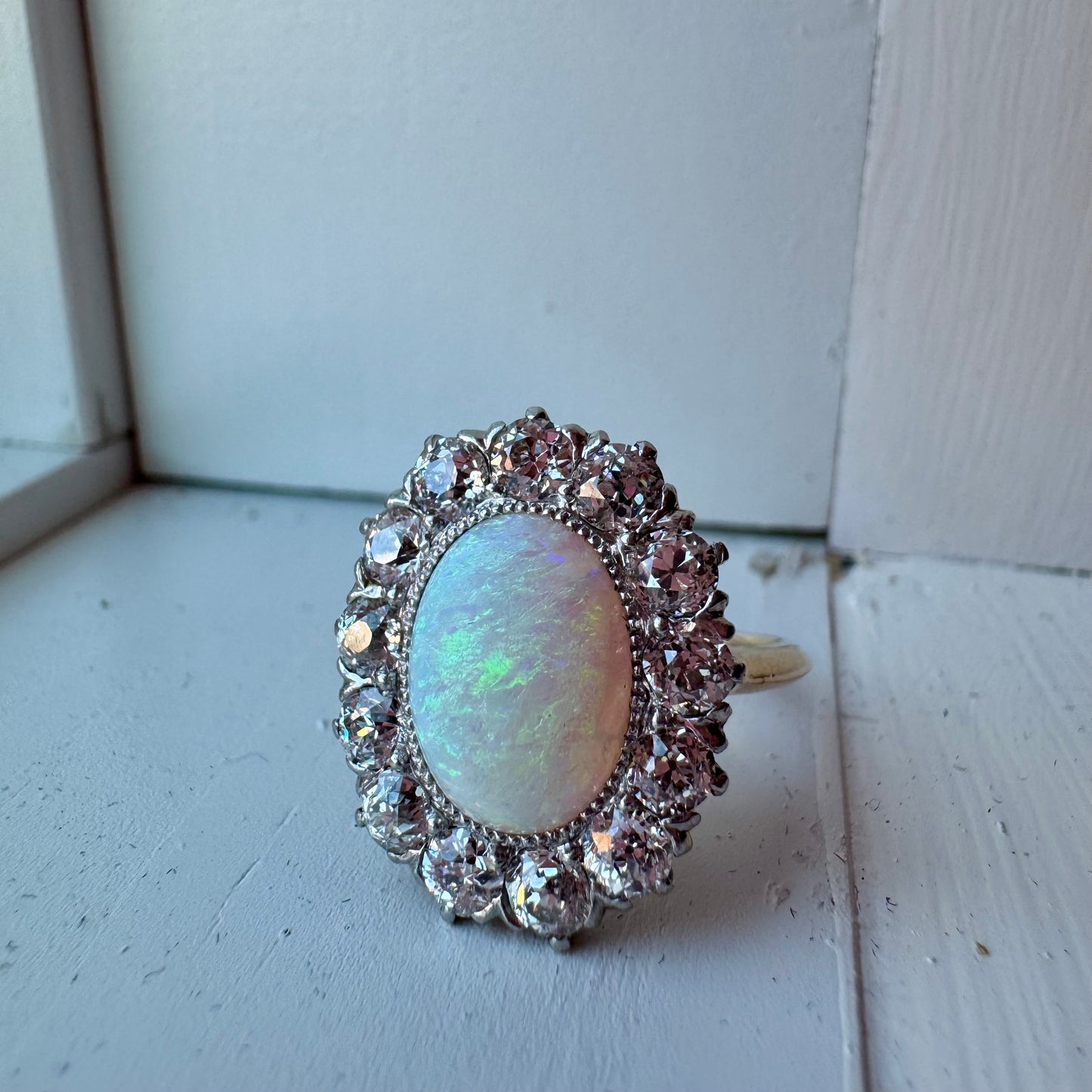 Oval Opal Ring with Diamond Halo - 14K Yellow Gold