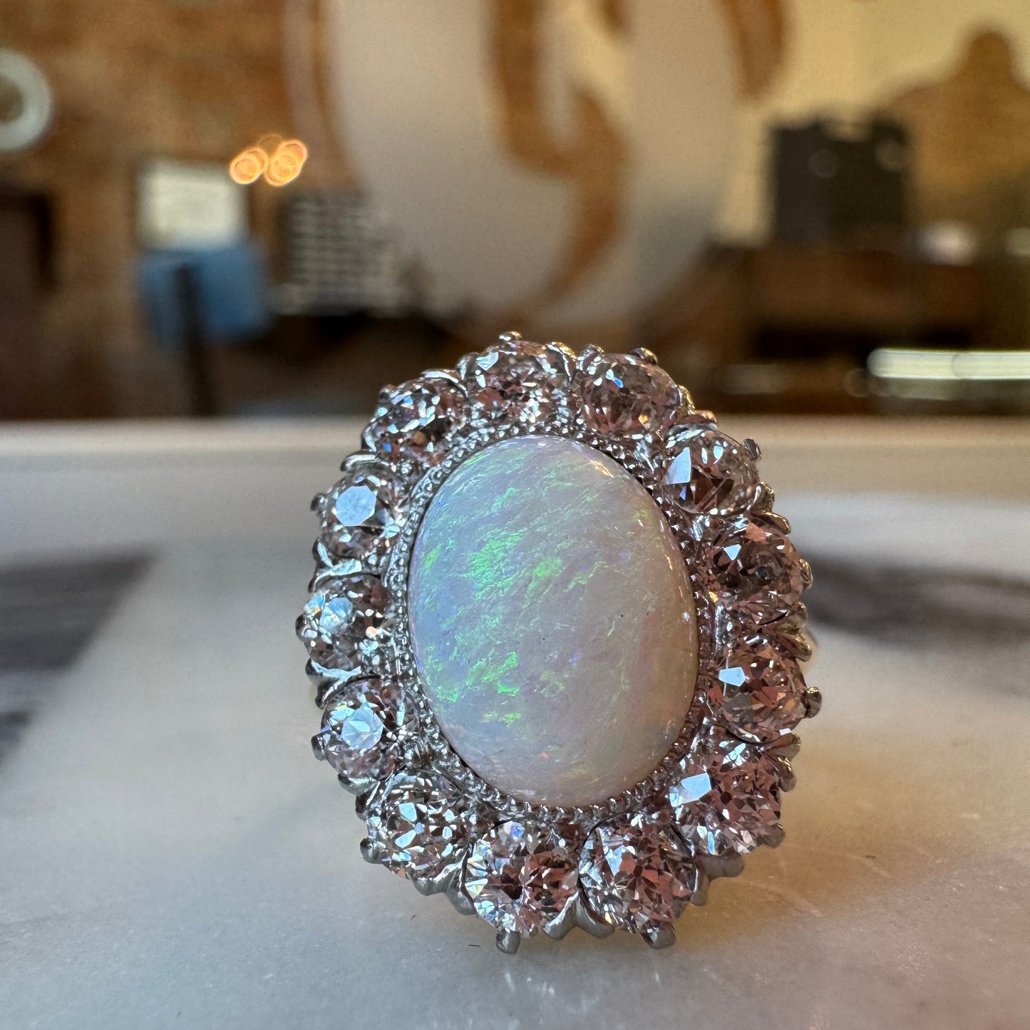 Oval Opal Ring with Diamond Halo - 14K Yellow Gold