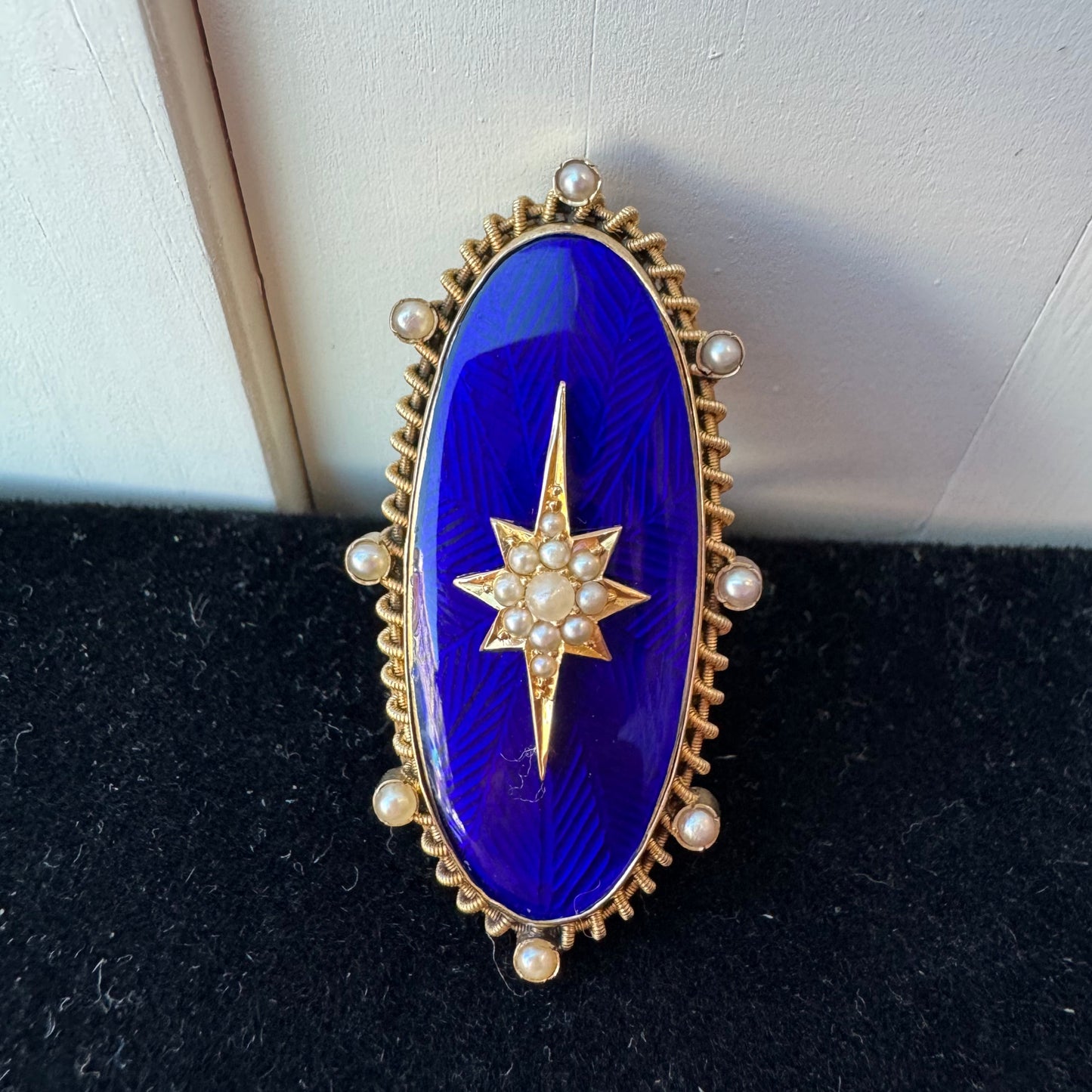 Blue Enamel and Pearl Starburst Ring - Victorian Era