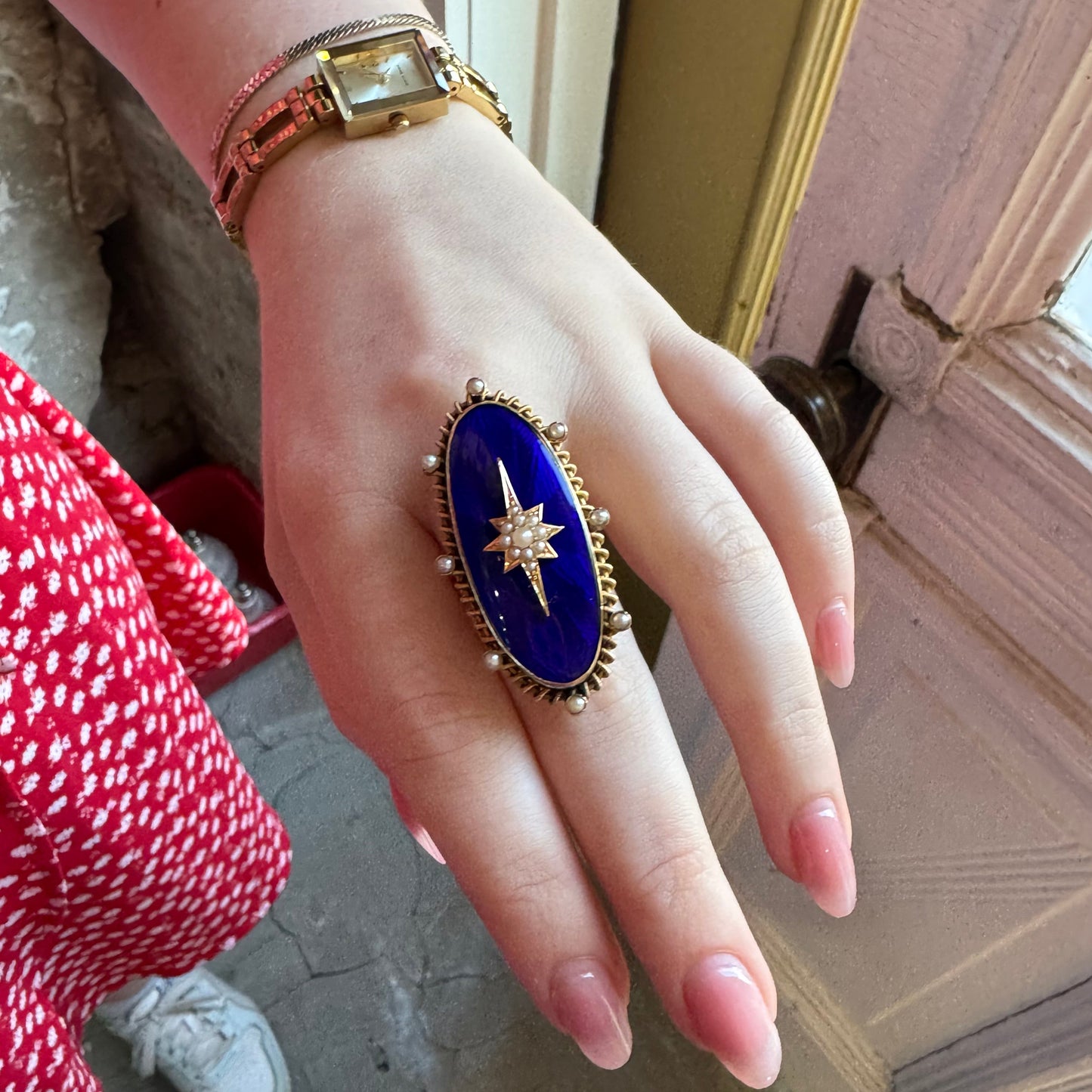 Blue Enamel and Pearl Starburst Ring - Victorian Era