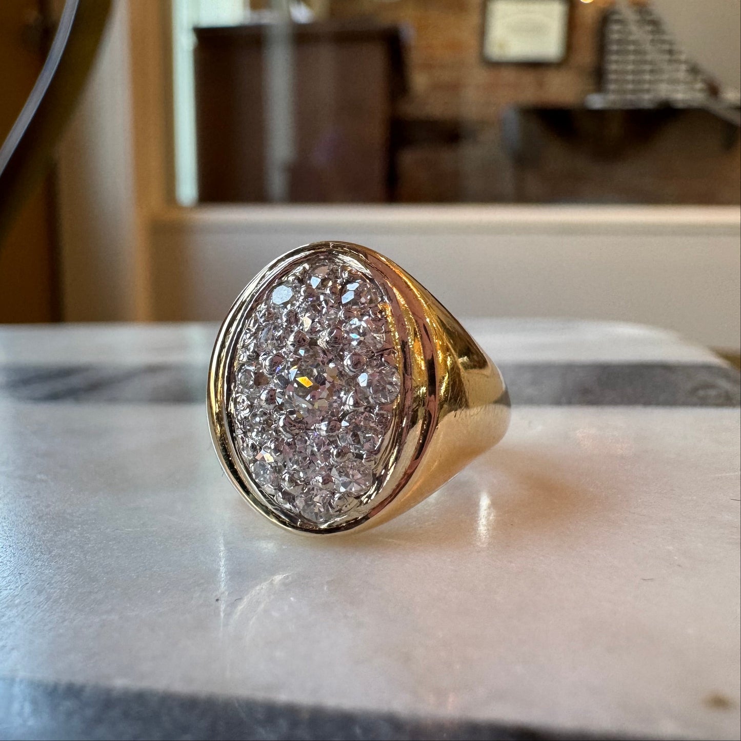 European Cut Diamond Oval Ring - 14K Yellow Gold