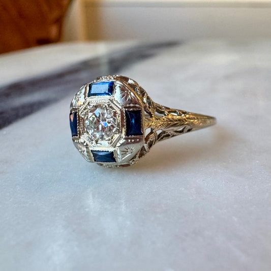 0.15ct Diamond Ring with Synthetic Sapphire Accents - Art Deco Period
