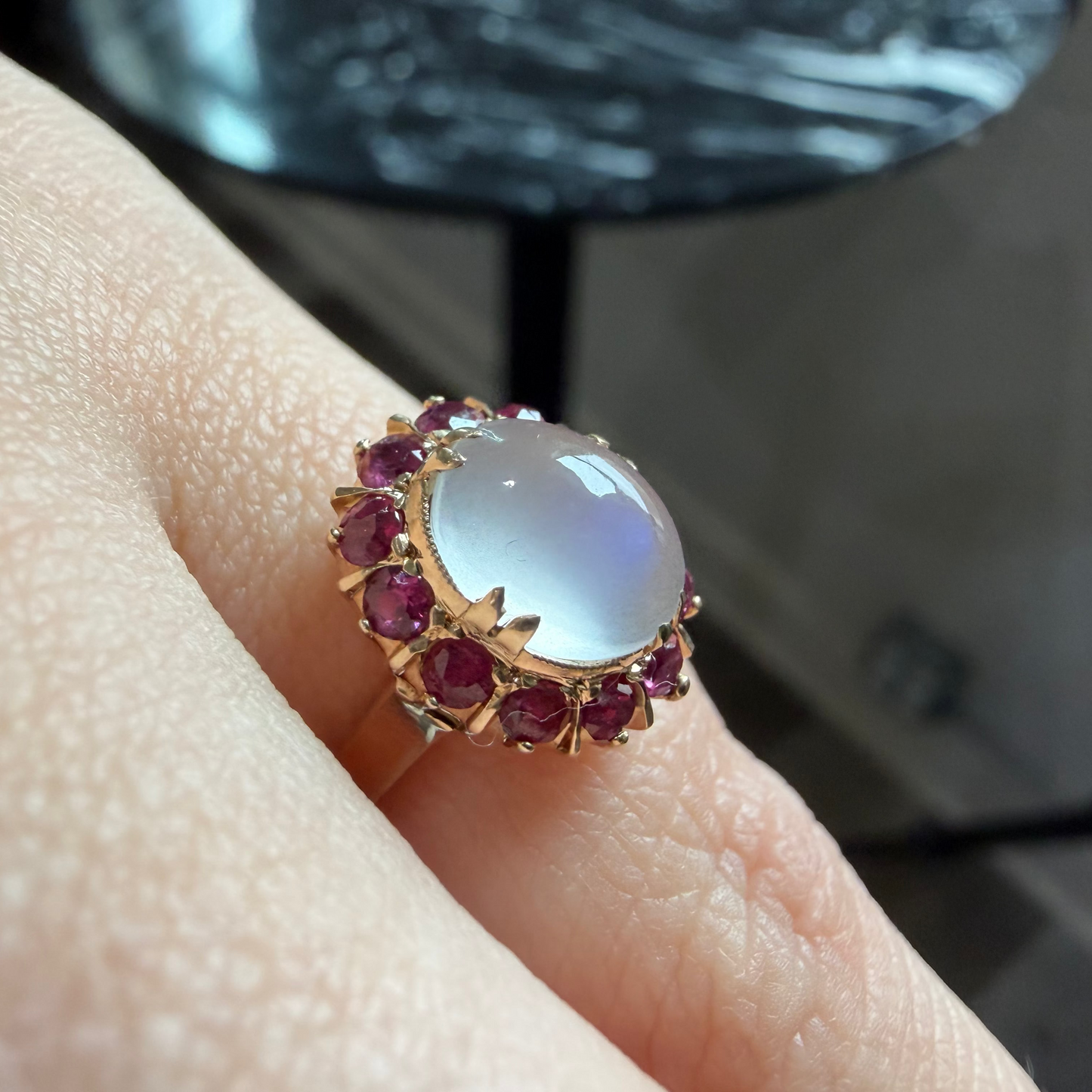 Moonstone and Ruby Halo Ring - Victorian Era