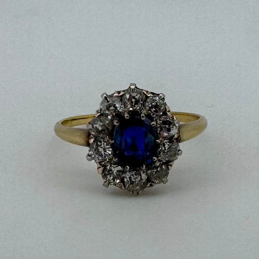 Victorian Period Sapphire Ring - Old Mine Cut Diamond Halo