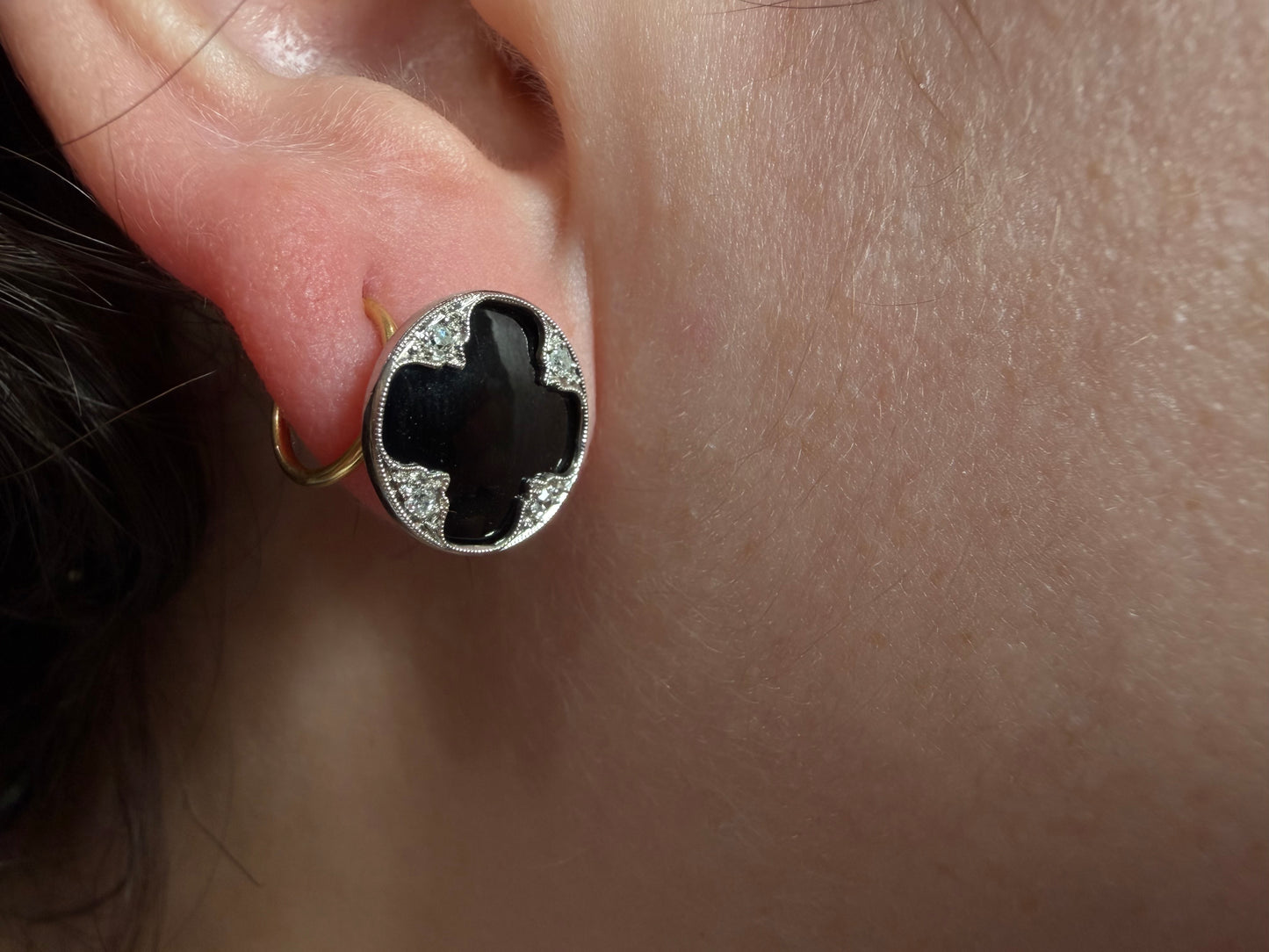 Black Onyx and Diamond Stud Earrings - Art Deco Era