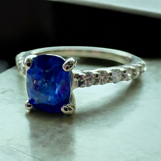 Diamond Accented Sapphire Ring - 14K White Gold