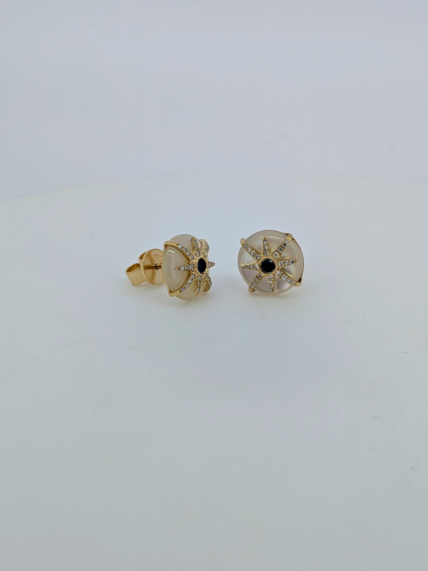 Mother of Pearl & Sapphire Starburst Button Earrings - 14K Yellow Gold