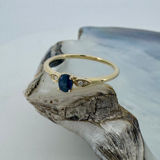 Dainty Oval Sapphire and Diamond Ring - 14K Yellow Gold