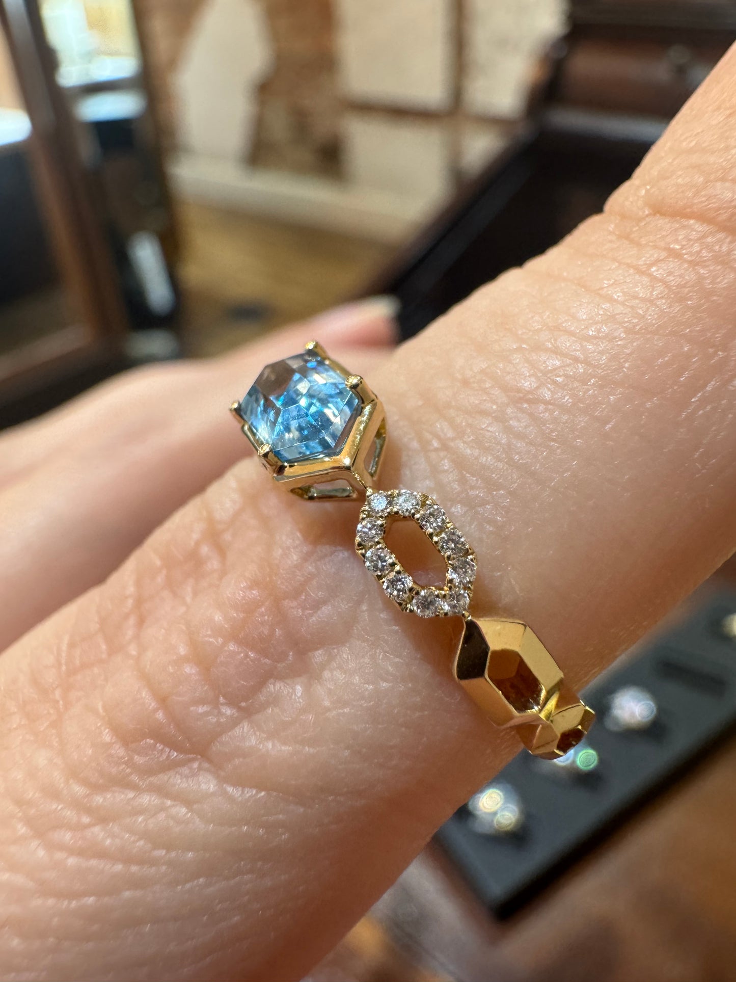 Elongated Hexagon Blue Topaz Ring - 14K Yellow Gold